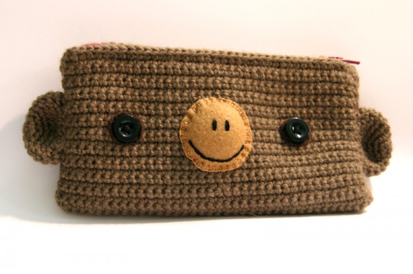 Crochet monkey pencil case