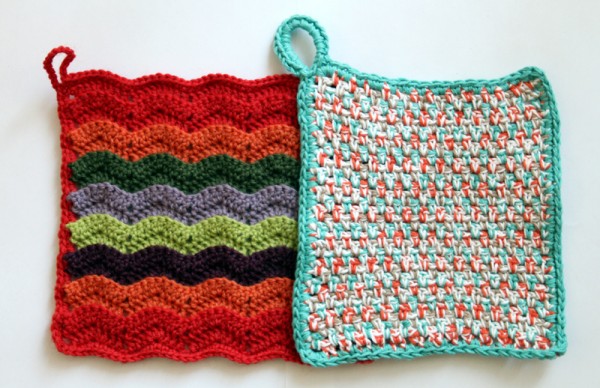 Colourful woolen potholder and cotton dishcloth