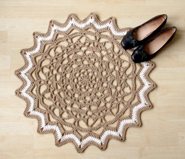 Cotton doily crochet rug with a pair of shoes