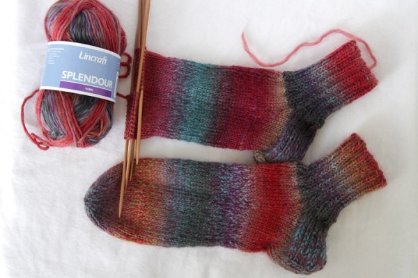 Socks being knitted
