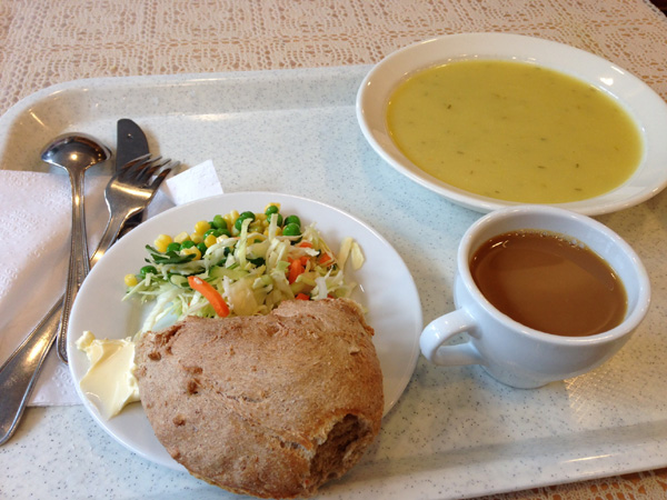 a try with bread, salad, soup and coffee