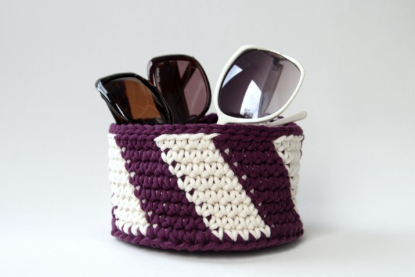 Purple and white diagonal stripe crochet basket