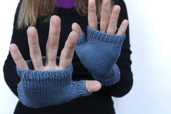 Blue merino hand knit fingerless mittens