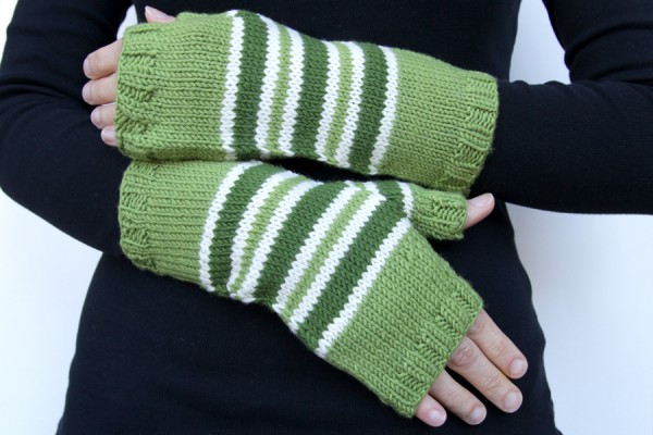 Green and white stripe merino wool fingerless mittens